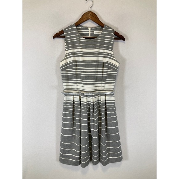 Calvin Klein Dresses & Skirts - Classic Preppy Calvin Klein Women 6 Grey White Striped Belted Fit Flare Dress